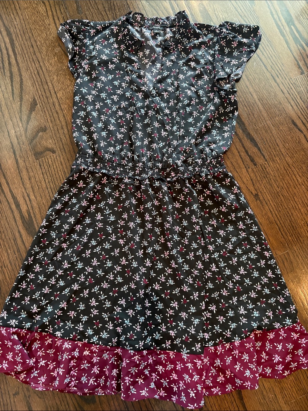 Ann Taylor Black Floral Midi Dress with Burgundy Ruffle